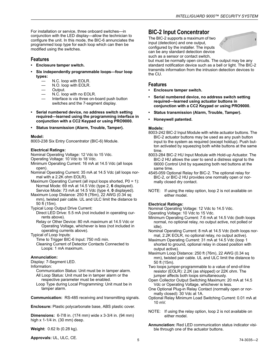 Bic-2 input concentrator, Features | Honeywell INTELLIGUARD 9000 User Manual | Page 5 / 8