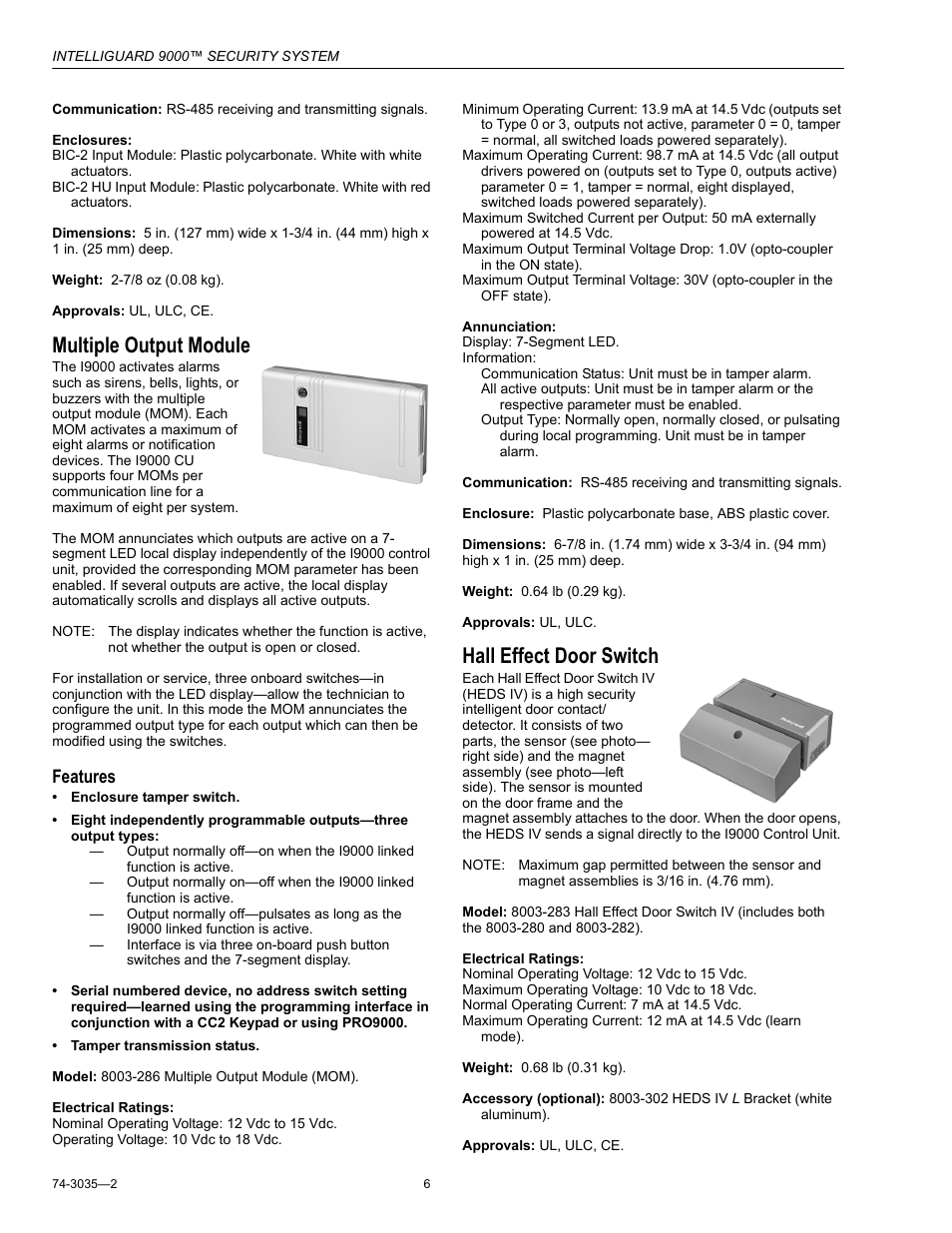 Multiple output module, Hall effect door switch, Features | Honeywell INTELLIGUARD 9000 User Manual | Page 6 / 8