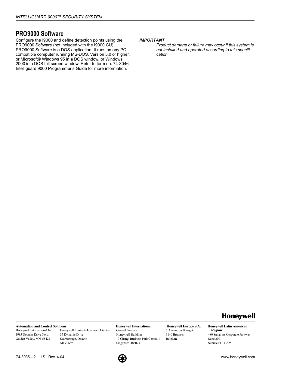 Pro9000 software | Honeywell INTELLIGUARD 9000 User Manual | Page 8 / 8