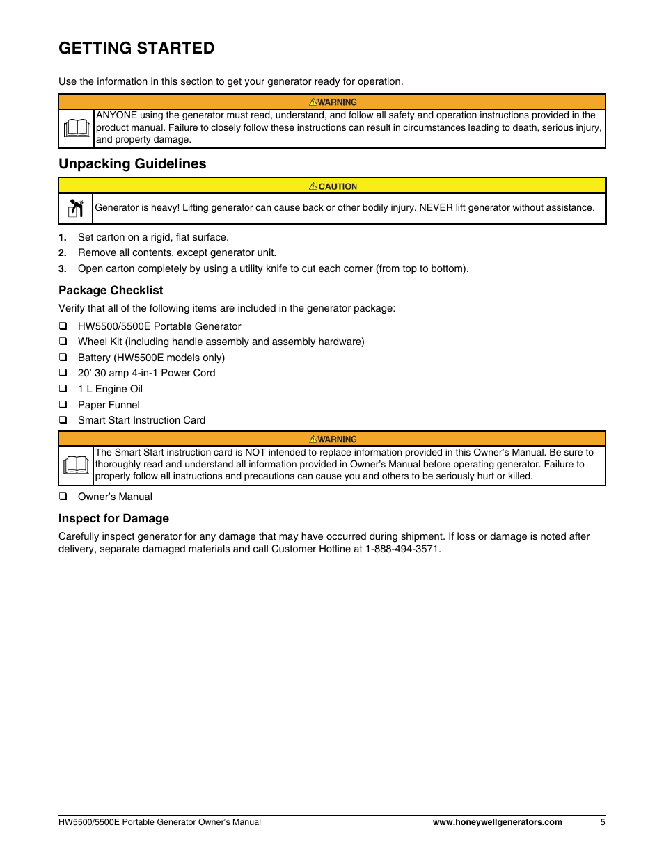 Getting started, Unpacking guidelines | Honeywell HW5500E User Manual | Page 11 / 93