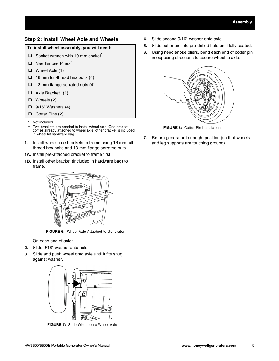 Step 2: install wheel axle and wheels | Honeywell HW5500E User Manual | Page 15 / 93