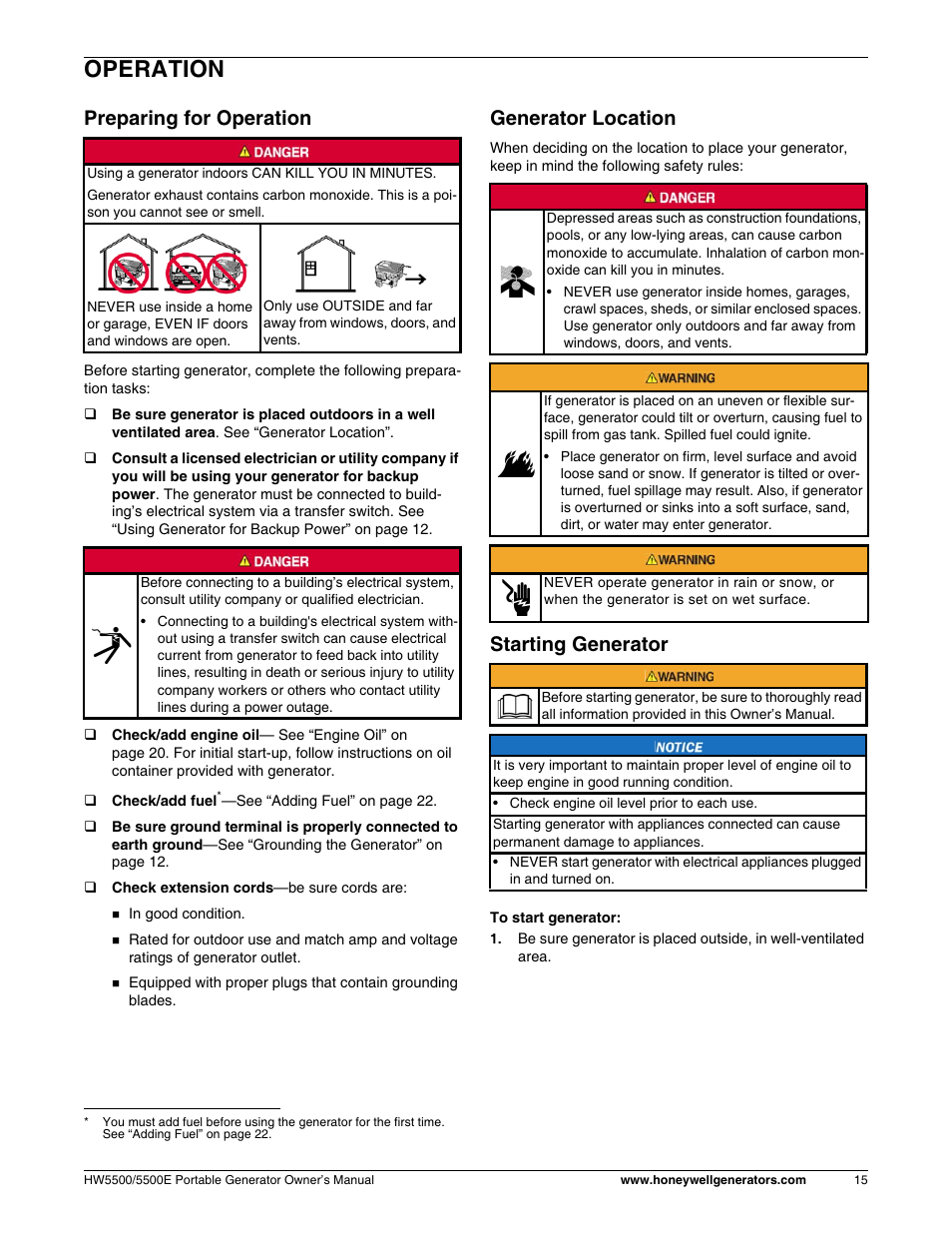 Operation, Preparing for operation, Generator location | Starting generator | Honeywell HW5500E User Manual | Page 21 / 93