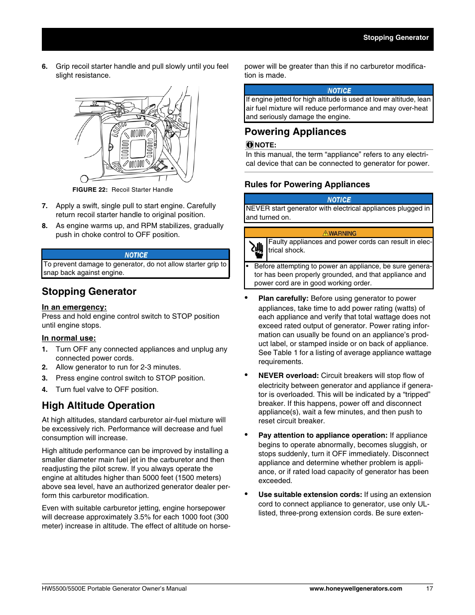 Stopping generator, High altitude operation, Powering appliances | Honeywell HW5500E User Manual | Page 23 / 93
