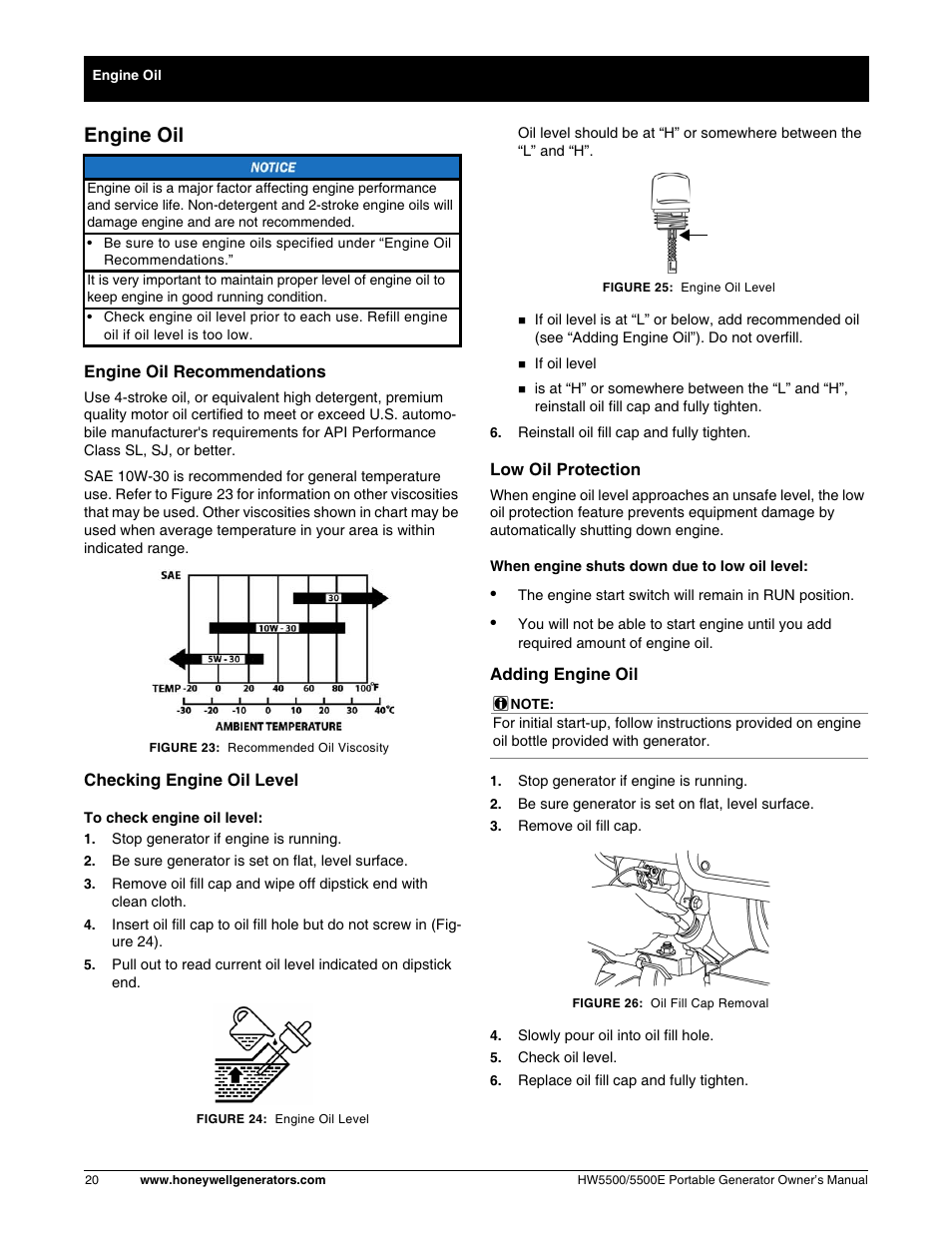 Oil recommendations, Engine oil | Honeywell HW5500E User Manual | Page 26 / 93