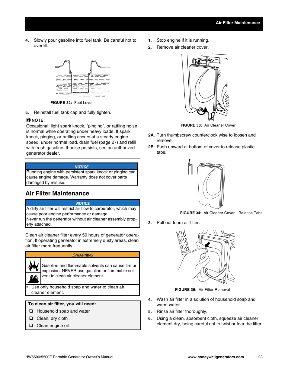 Air filter maintenance | Honeywell HW5500E User Manual | Page 29 / 93