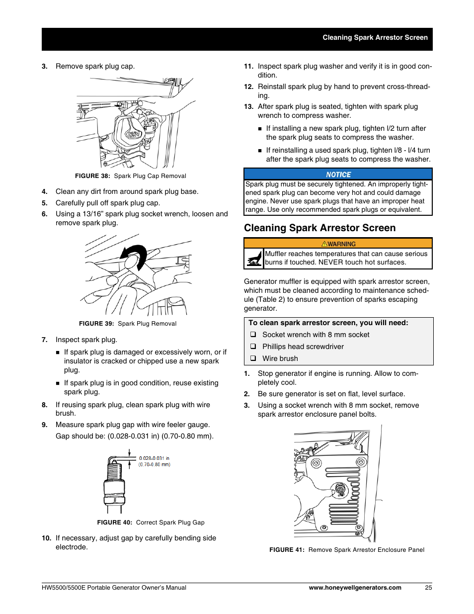Cleaning spark arrestor screen | Honeywell HW5500E User Manual | Page 31 / 93