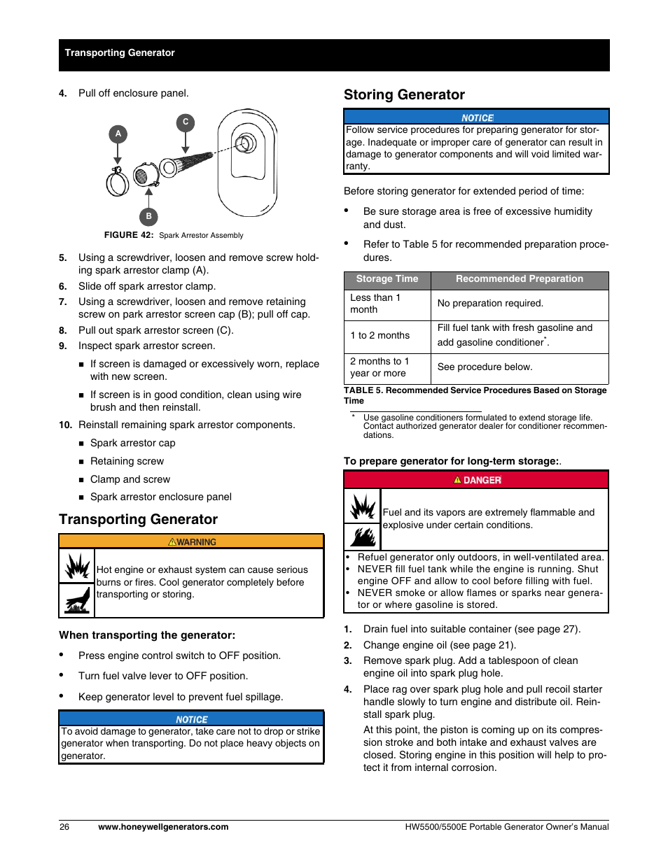 Transporting generator, Storing generator | Honeywell HW5500E User Manual | Page 32 / 93