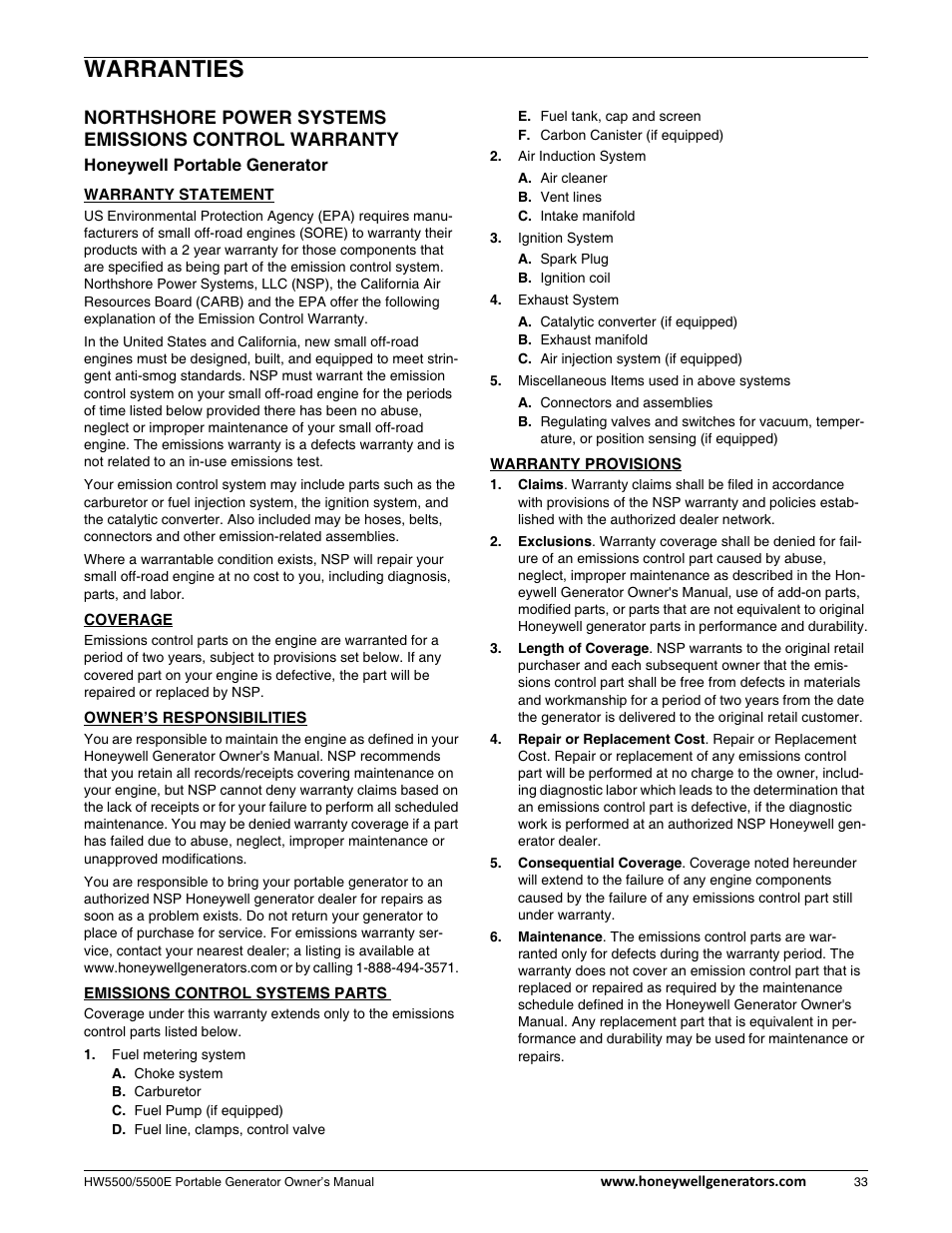 Warranties, Emissions warranty | Honeywell HW5500E User Manual | Page 39 / 93