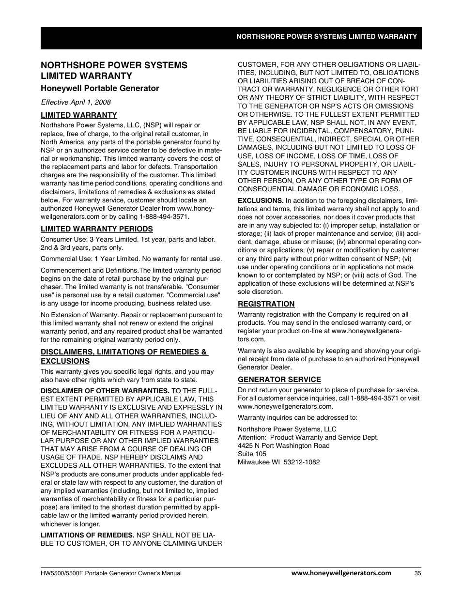 Limited warranty, Northshore power systems limited warranty | Honeywell HW5500E User Manual | Page 41 / 93