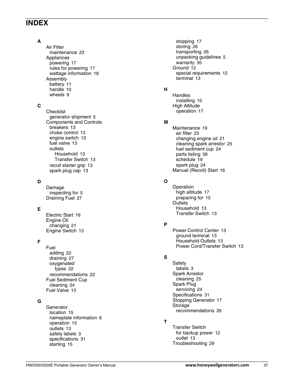 Index | Honeywell HW5500E User Manual | Page 43 / 93