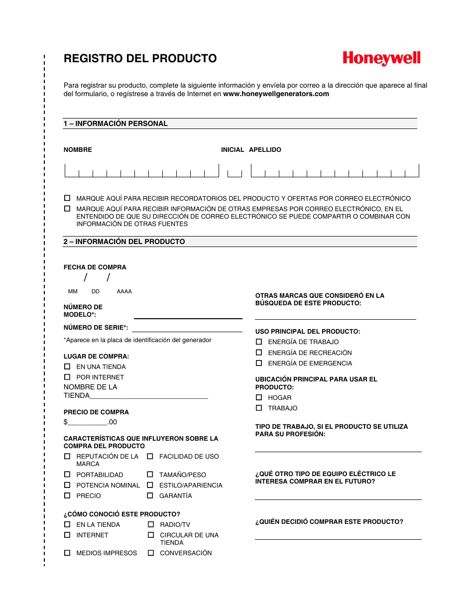 Registro del producto | Honeywell HW5500E User Manual | Page 49 / 93