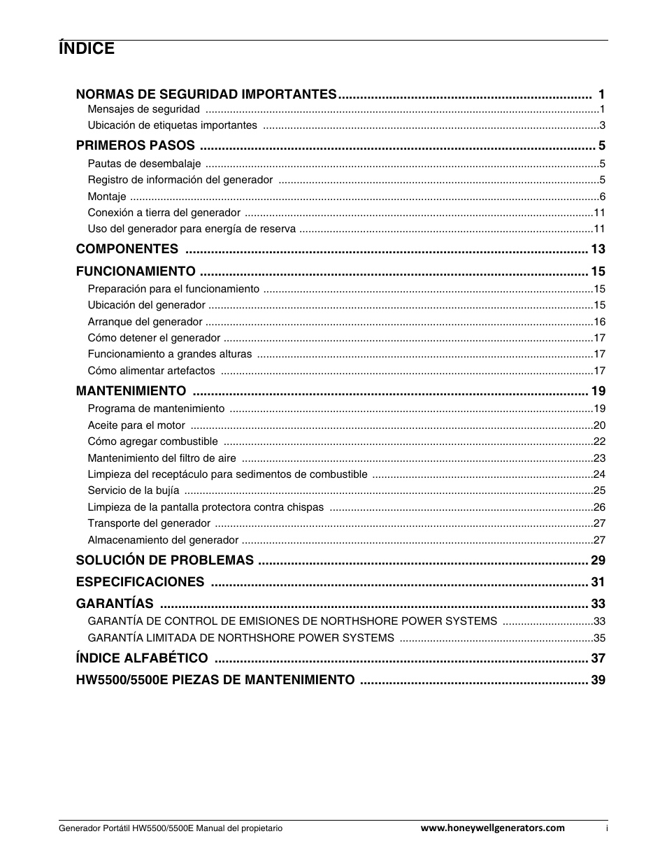 Indice, Índice | Honeywell HW5500E User Manual | Page 51 / 93