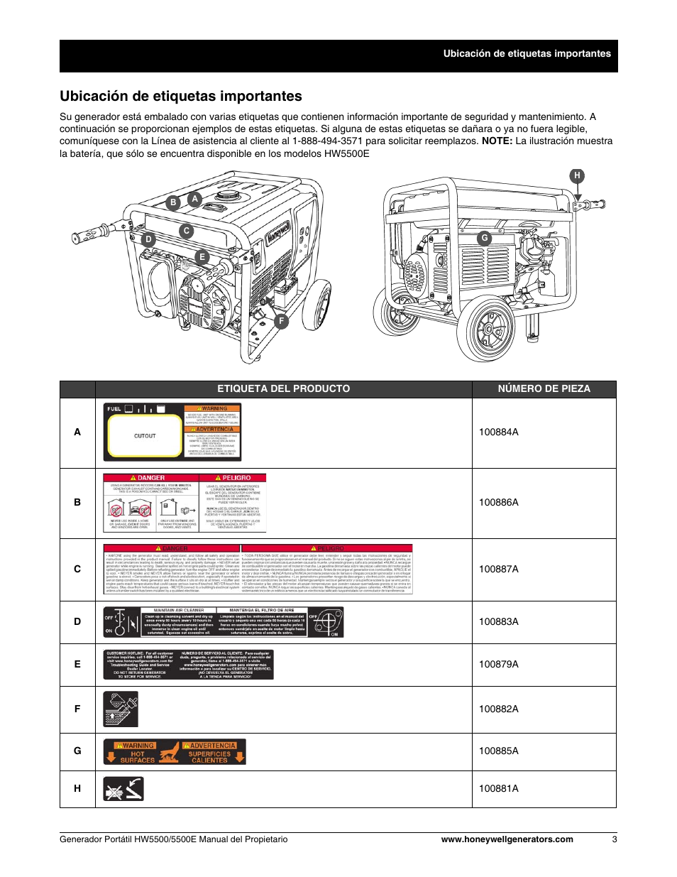 Ubicación de etiquetas importantes | Honeywell HW5500E User Manual | Page 55 / 93