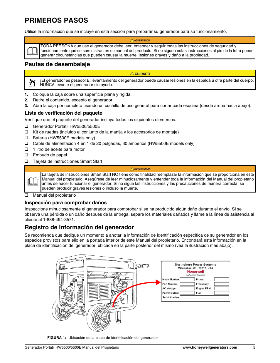 Primeros pasos, Pautas de desembalaje, Registro de información del generador | Honeywell HW5500E User Manual | Page 57 / 93