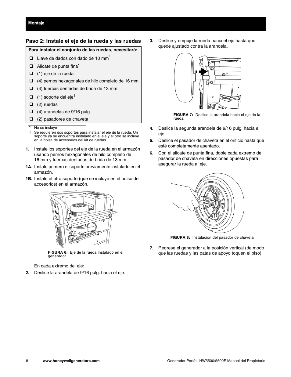 Paso 2: instale el eje de la rueda y las ruedas | Honeywell HW5500E User Manual | Page 60 / 93
