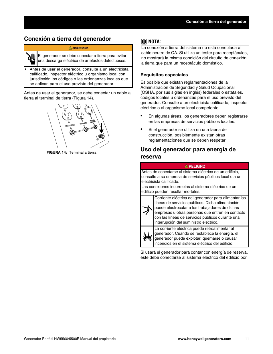 Conexión a tierra del generador, Uso del generador para energía de reserva | Honeywell HW5500E User Manual | Page 63 / 93