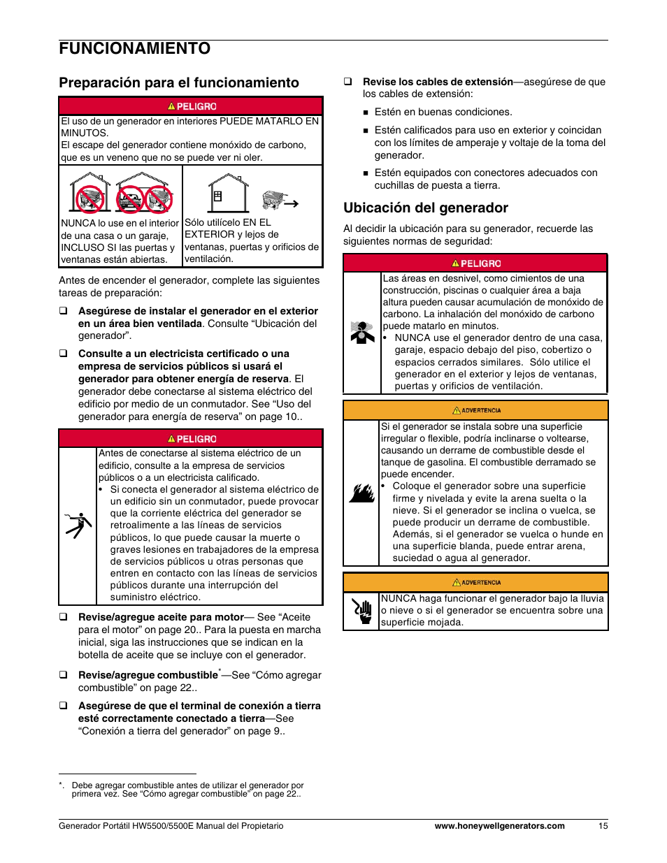 Funcionamiento, Preparación para el funcionamiento, Ubicación del generador | Honeywell HW5500E User Manual | Page 67 / 93