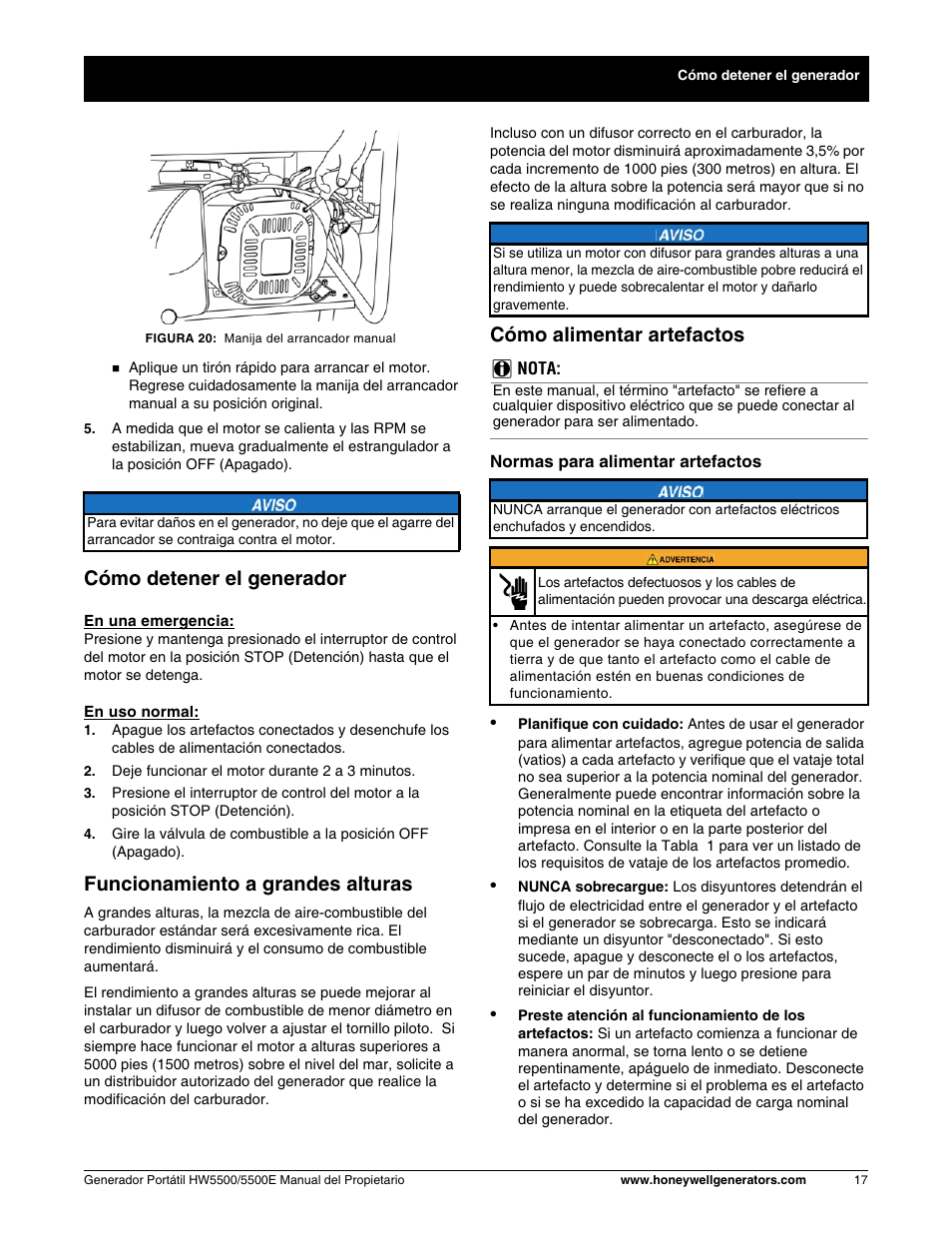Cómo detener el generador, Funcionamiento a grandes alturas, Cómo alimentar artefactos | Honeywell HW5500E User Manual | Page 69 / 93