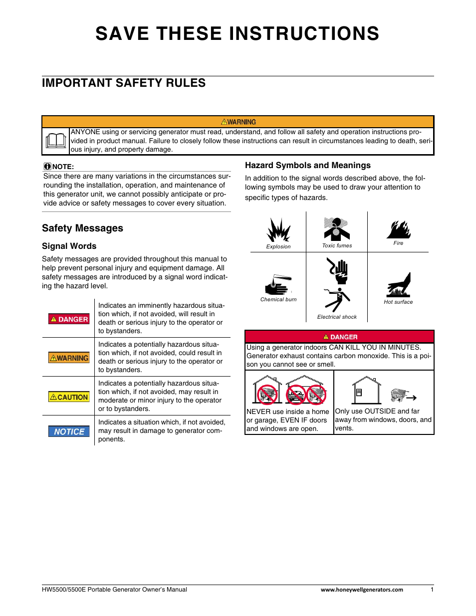 Important safety rules, Safety messages, Save these instructions | Honeywell HW5500E User Manual | Page 7 / 93