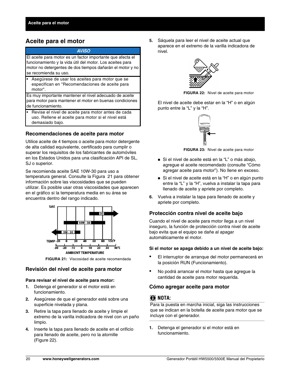 Aceite para el motor | Honeywell HW5500E User Manual | Page 72 / 93