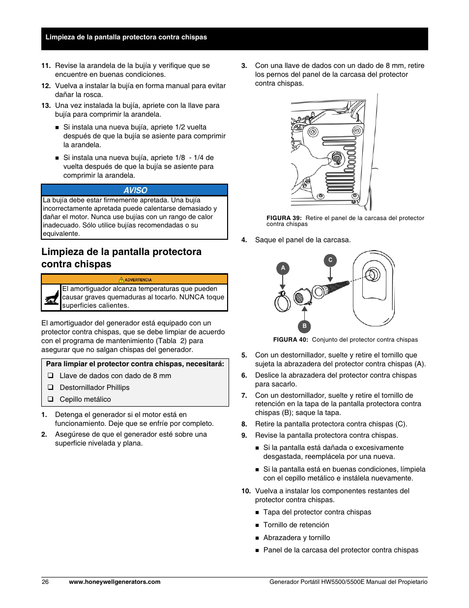 Limpieza de la pantalla protectora contra chispas | Honeywell HW5500E User Manual | Page 78 / 93