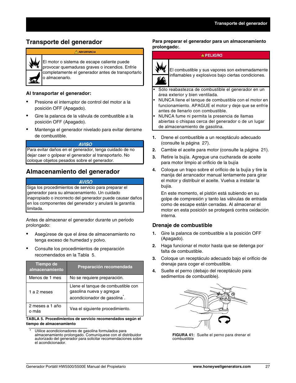 Transporte del generador, Almacenamiento del generador | Honeywell HW5500E User Manual | Page 79 / 93