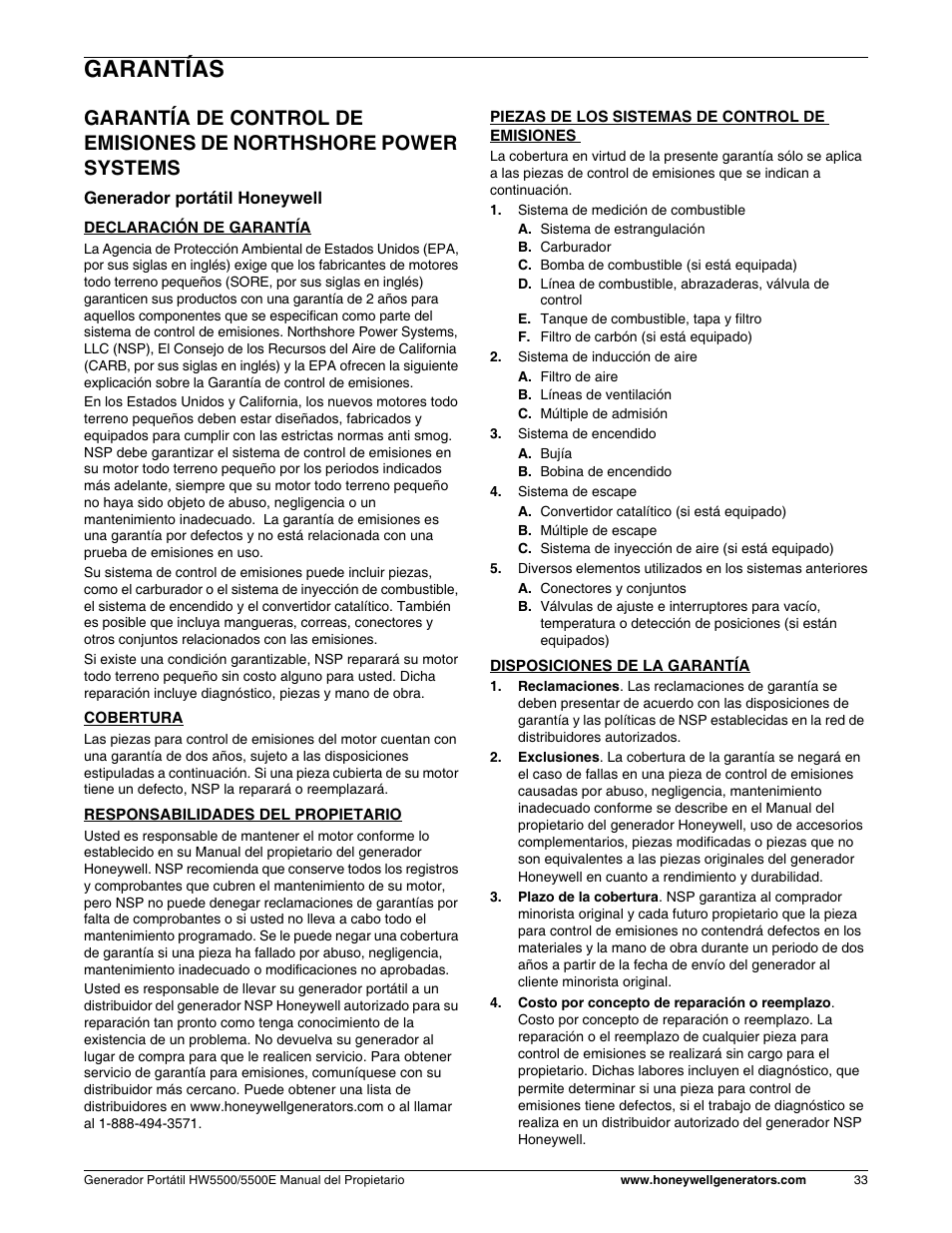 Garantías, Garantía de control de emisiones | Honeywell HW5500E User Manual | Page 85 / 93