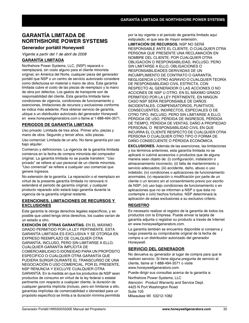 Garantía limitada, Garantía limitada de northshore power systems | Honeywell HW5500E User Manual | Page 87 / 93