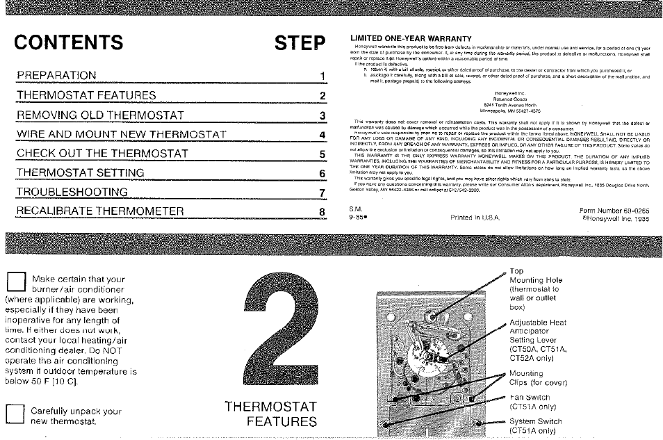 Thermostat, Features, Contents step | Thermostat features | Honeywell CT52A User Manual | Page 2 / 6