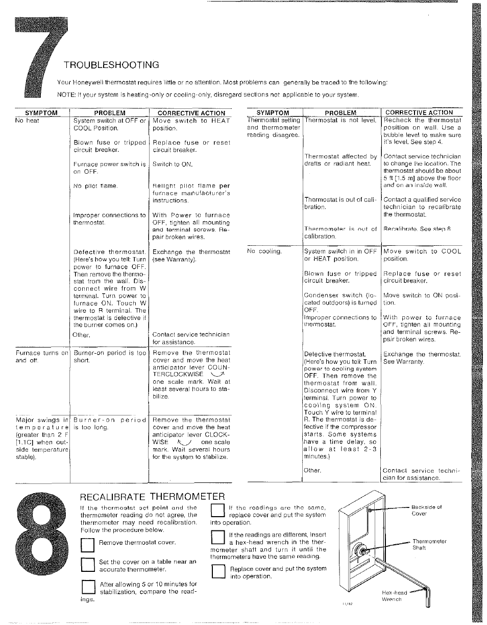 Troubleshooting, Recalibrate thermometer | Honeywell CT52A User Manual | Page 6 / 6