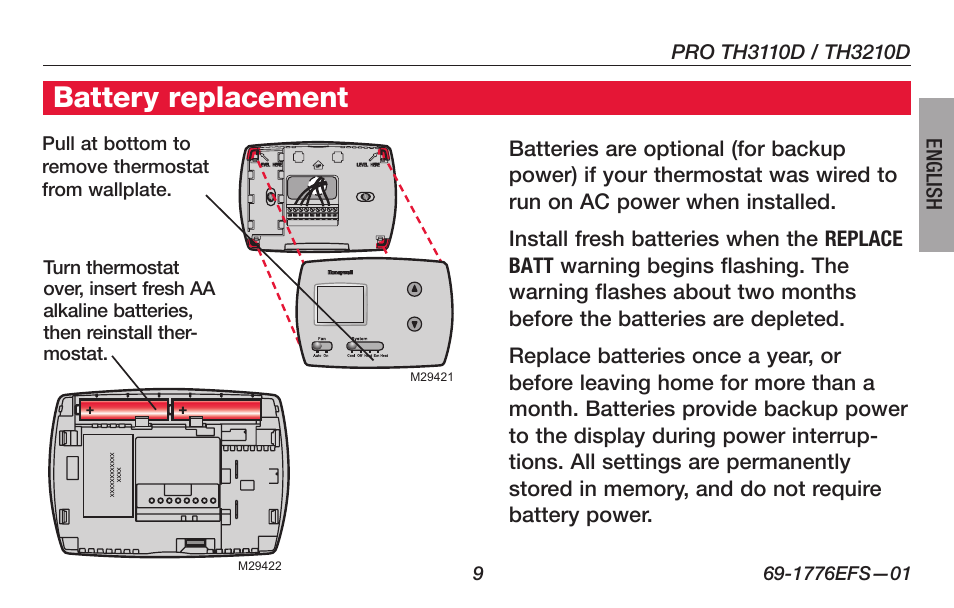 Battery replacement | Honeywell PRO TH3000 Series User Manual | Page 11 / 56