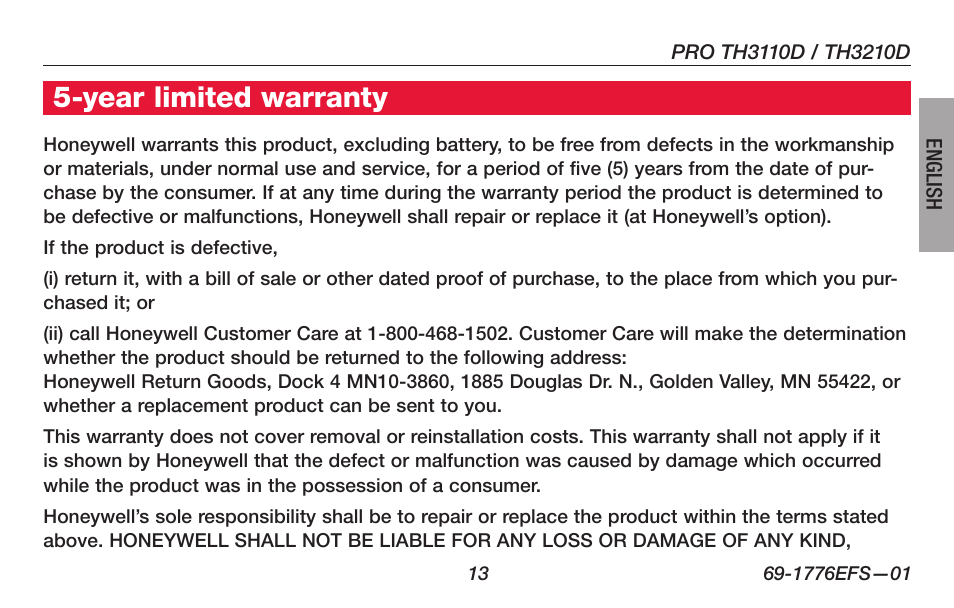 Year limited warranty | Honeywell PRO TH3000 Series User Manual | Page 15 / 56