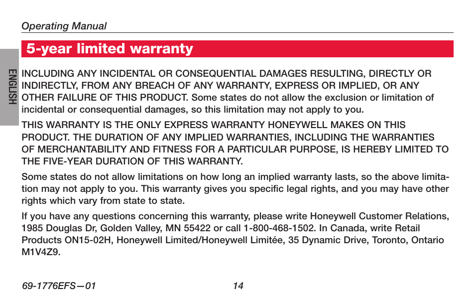 Year limited warranty | Honeywell PRO TH3000 Series User Manual | Page 16 / 56