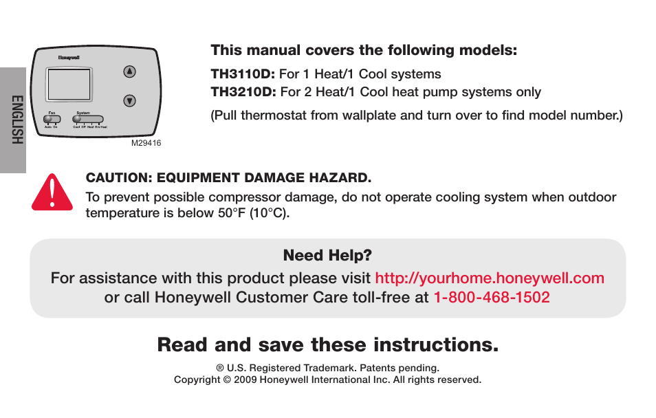 Read and save these instructions | Honeywell PRO TH3000 Series User Manual | Page 2 / 56