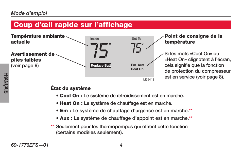 Coup d’œil rapide sur l’affichage | Honeywell PRO TH3000 Series User Manual | Page 24 / 56