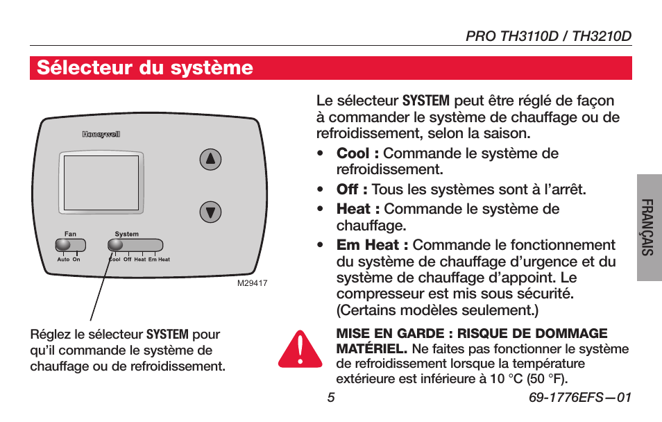 Sélecteur du système | Honeywell PRO TH3000 Series User Manual | Page 25 / 56