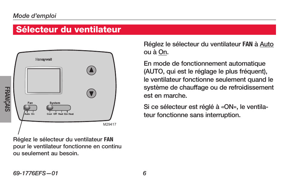 Sélecteur du ventilateur | Honeywell PRO TH3000 Series User Manual | Page 26 / 56