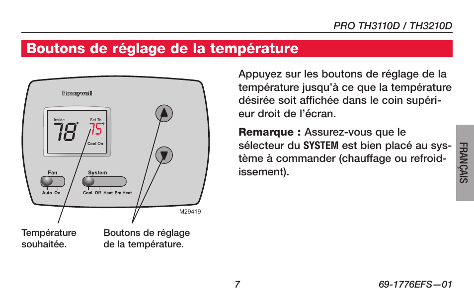 About your new thermostat, Boutons de réglage de la température | Honeywell PRO TH3000 Series User Manual | Page 27 / 56