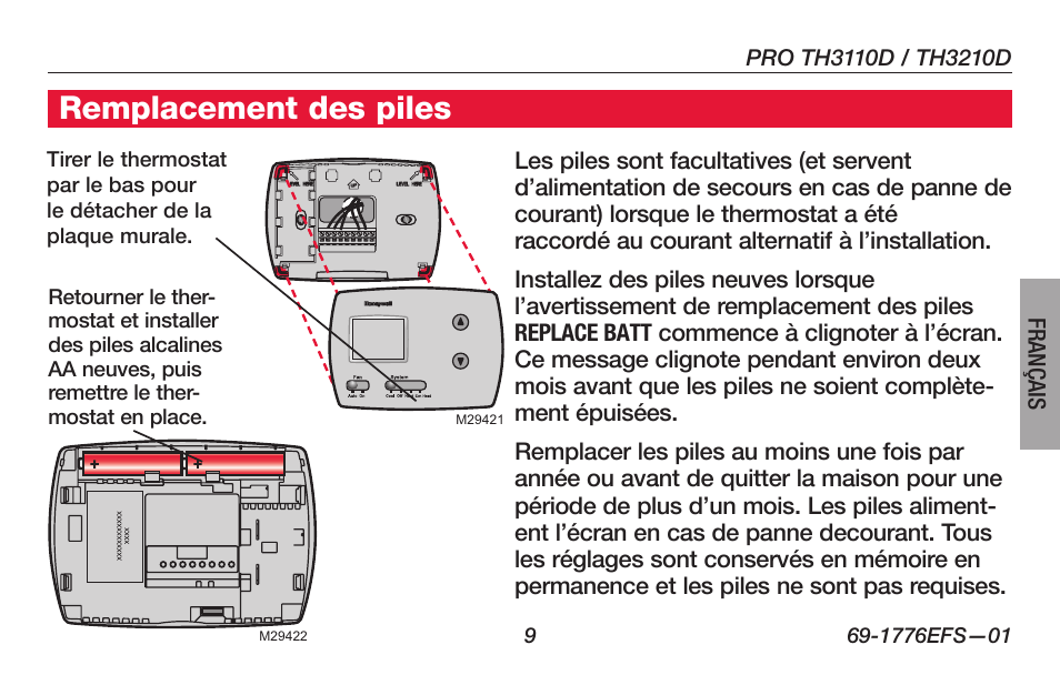 Remplacement des piles | Honeywell PRO TH3000 Series User Manual | Page 29 / 56