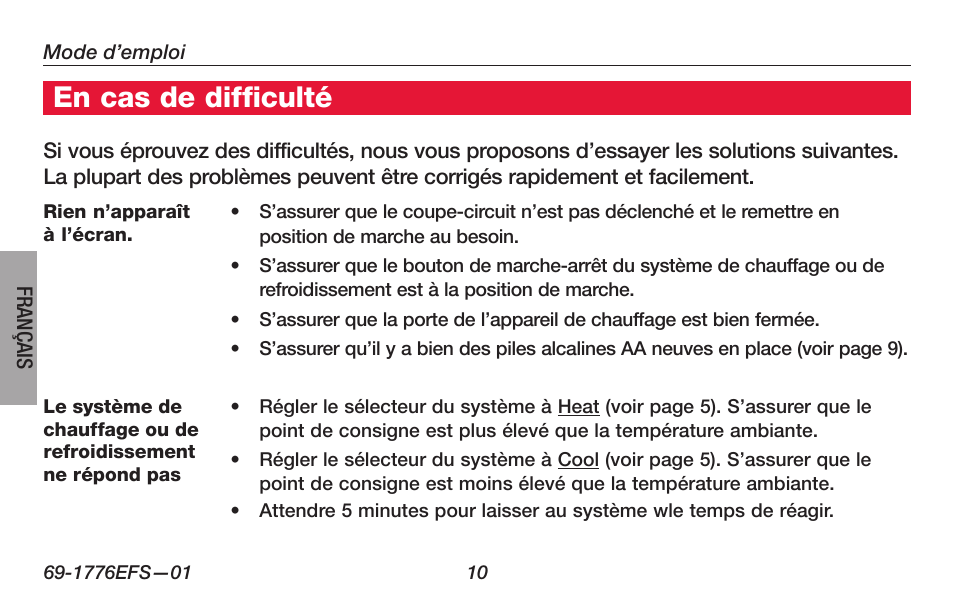 En cas de difficulté | Honeywell PRO TH3000 Series User Manual | Page 30 / 56