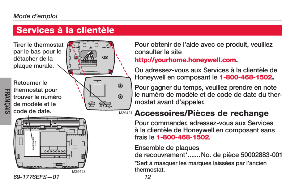 Services à la clientèle, Accessoires/pièces de rechange | Honeywell PRO TH3000 Series User Manual | Page 32 / 56