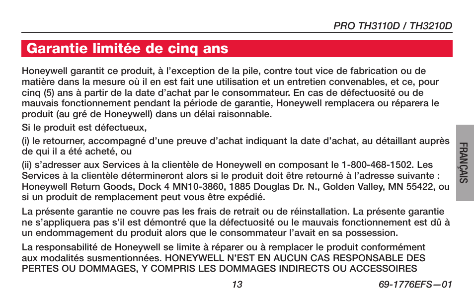 Garantie limitée de cinq ans | Honeywell PRO TH3000 Series User Manual | Page 33 / 56