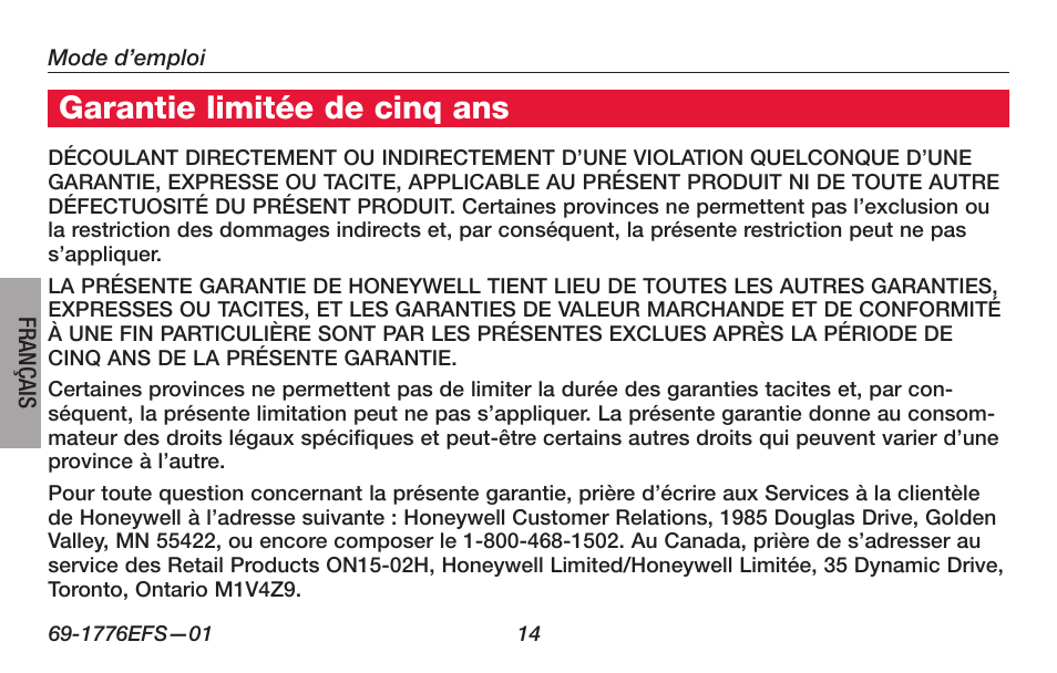 Garantie limitée de cinq ans | Honeywell PRO TH3000 Series User Manual | Page 34 / 56