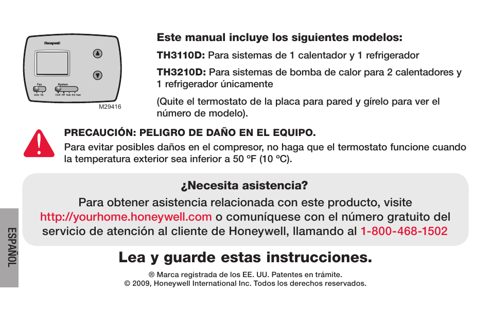 Lea y guarde estas instrucciones | Honeywell PRO TH3000 Series User Manual | Page 38 / 56