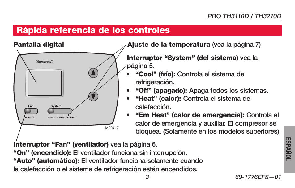 About your new thermostat, Rápida referencia de los controles | Honeywell PRO TH3000 Series User Manual | Page 41 / 56