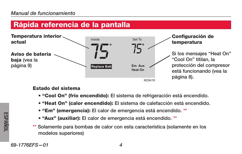 Rápida referencia de la pantalla | Honeywell PRO TH3000 Series User Manual | Page 42 / 56