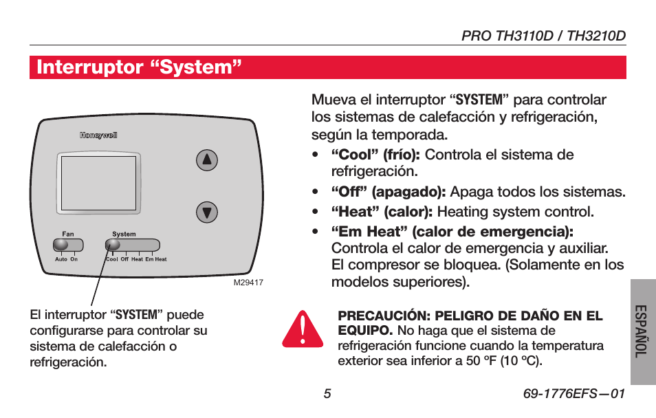 Interruptor “system | Honeywell PRO TH3000 Series User Manual | Page 43 / 56