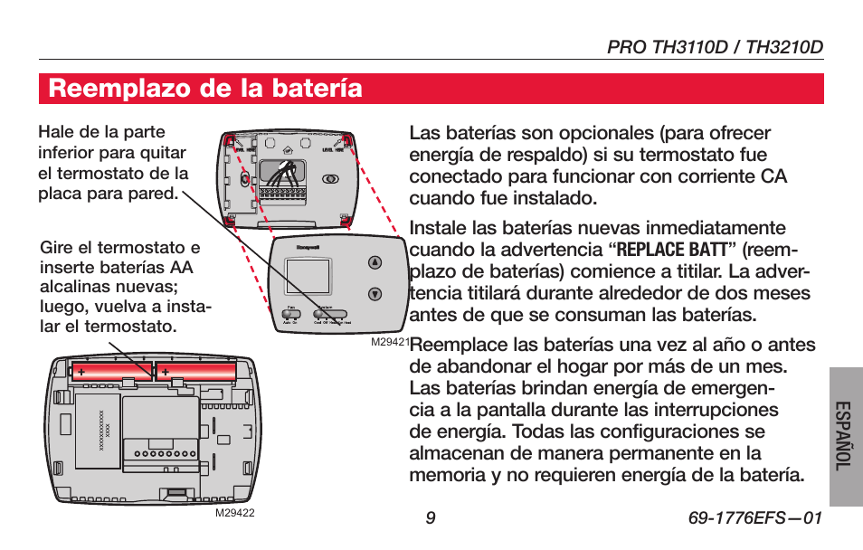 Reemplazo de la batería | Honeywell PRO TH3000 Series User Manual | Page 47 / 56