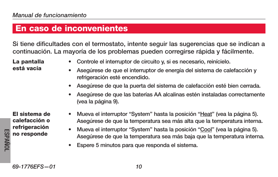 En caso de inconvenientes | Honeywell PRO TH3000 Series User Manual | Page 48 / 56