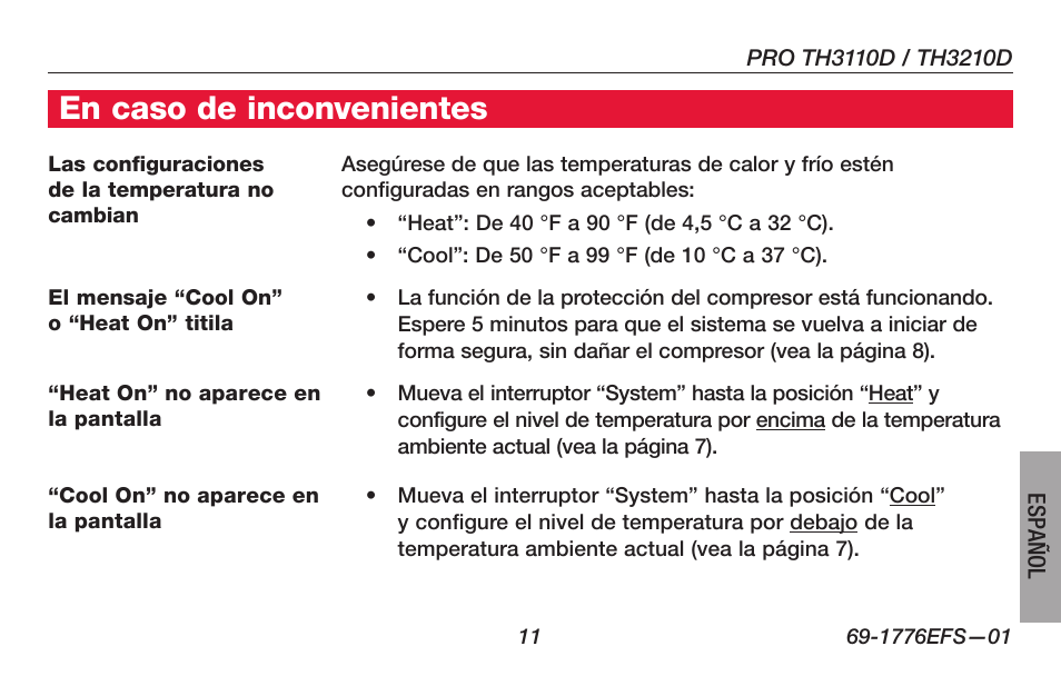 En caso de inconvenientes | Honeywell PRO TH3000 Series User Manual | Page 49 / 56